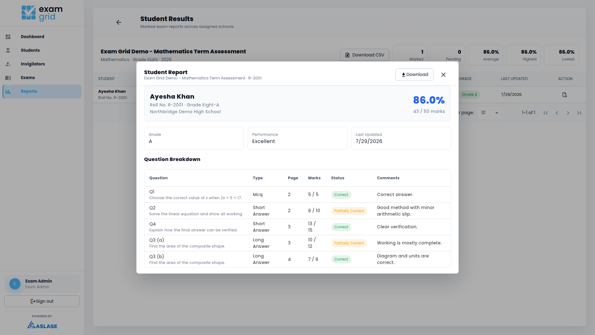 Exam Grid student report modal